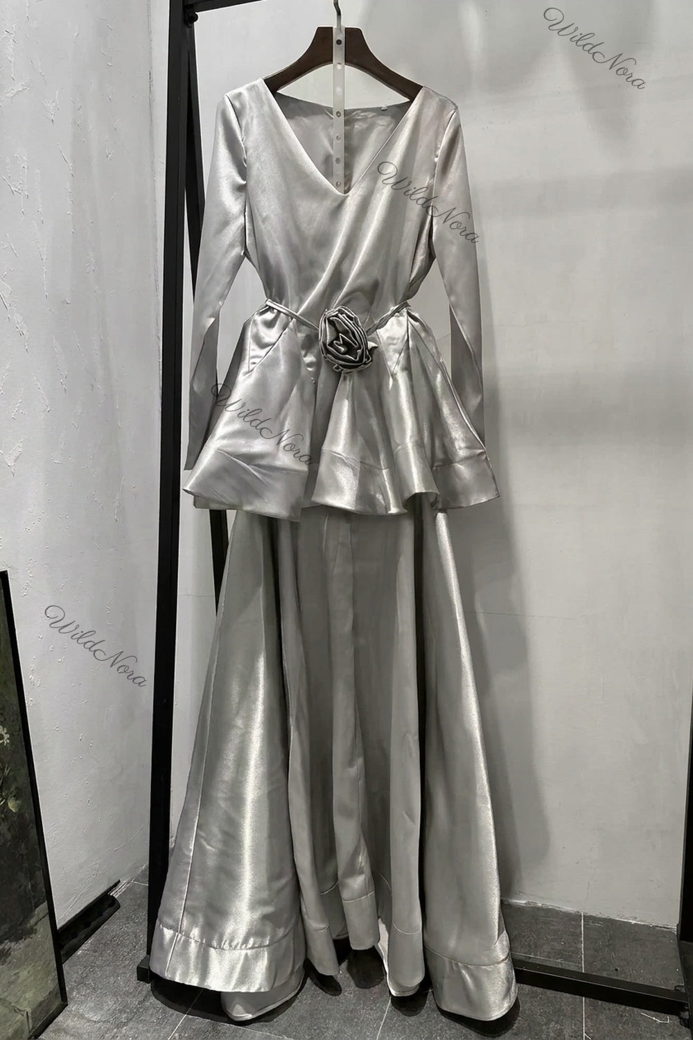 Silver Satin Peplum Top with Flared Maxi Skirt Two-Piece Set silver satin two-piece set - product view 2