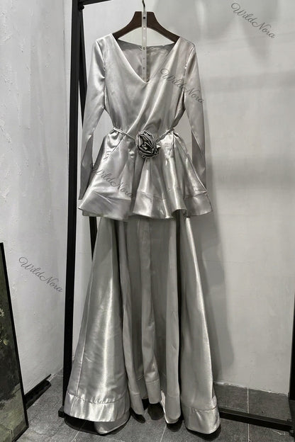 Silver Satin Peplum Top with Flared Maxi Skirt Two-Piece Set silver satin two-piece set - product view 2
