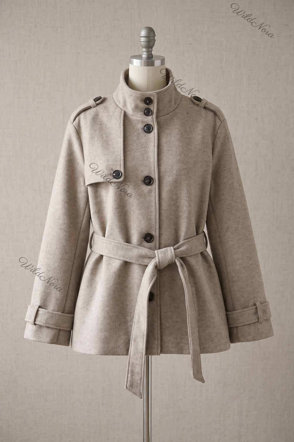 Oatmeal Beige Wool-Blend A-Line Short Belted Jacket oatmeal beige wool-blend short belted jacket - product view 2