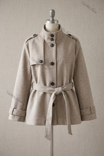Oatmeal Beige Wool-Blend A-Line Short Belted Jacket oatmeal beige wool-blend short belted jacket - product view 2