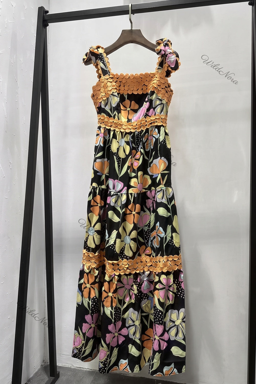 Black Abstract Floral Tiered A-Line Maxi Dress black woven cotton blend maxi dress - product view 2