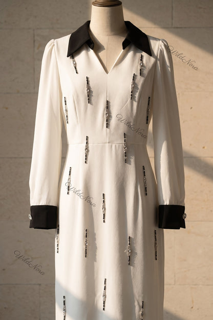 White Crepe A-Line Maxi Dress with Beaded Embellishments white crepe maxi dress - product view 2