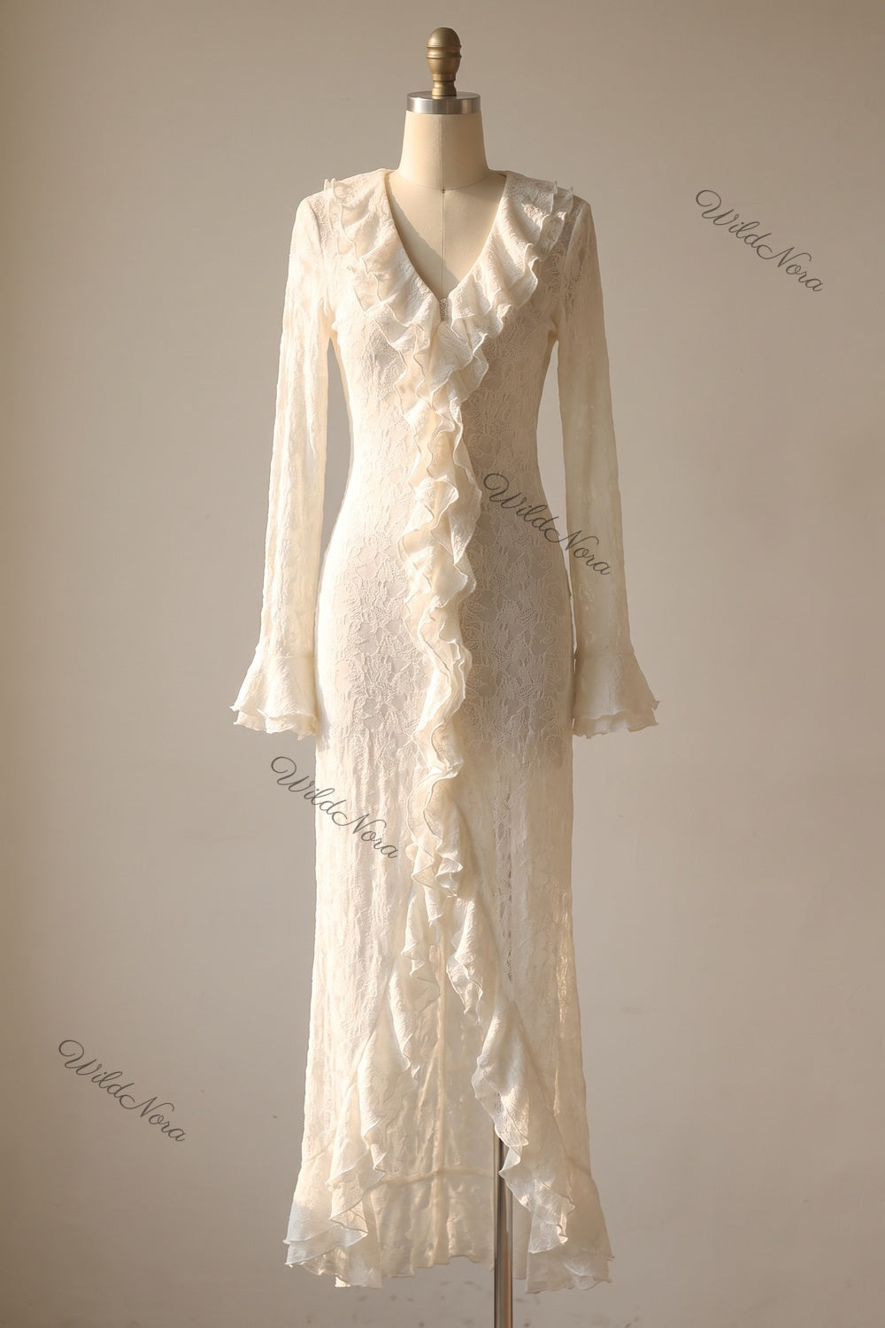 Off-White Semi-Sheer Textured Lace Slim-Fit Column Maxi Dress with Front Slit off-white semi-sheer textured lace maxi dress - product view 2