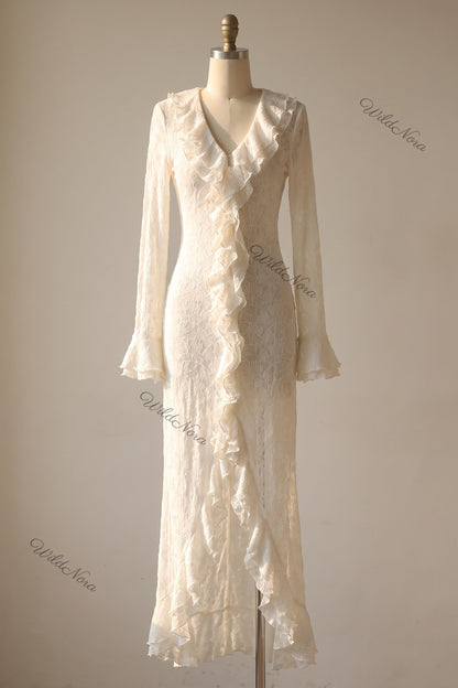 Off-White Semi-Sheer Textured Lace Slim-Fit Column Maxi Dress with Front Slit off-white semi-sheer textured lace maxi dress - product view 2