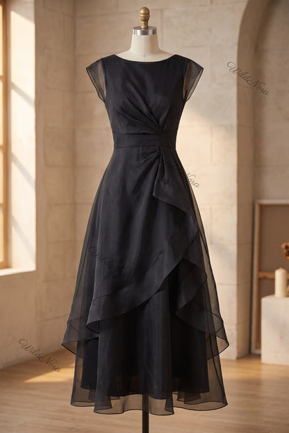 Black Sheer Organza Tiered Fit-and-Flare Midi Dress black sheer organza or chiffon midi dress - product view 2