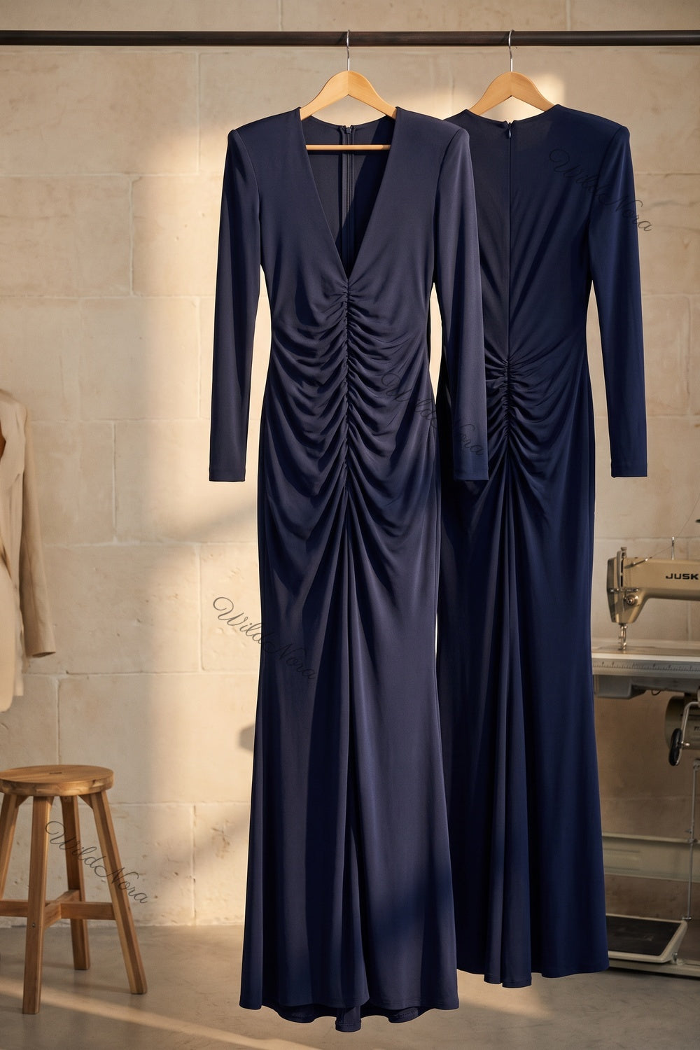 Navy Blue Jersey or Crepe Column with Structured Shoulders Floor-Length Gown navy blue jersey or crepe gown - product view 2