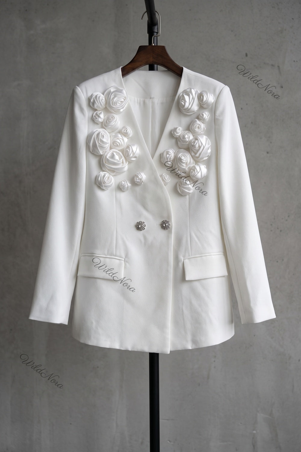 Sculptural Rose Embellished Structured Crepe Blazer in White white structured crepe suiting blazer - product view 2