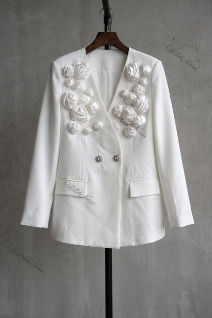 Sculptural Rose Embellished Structured Crepe Blazer in White white structured crepe suiting blazer - product view 2
