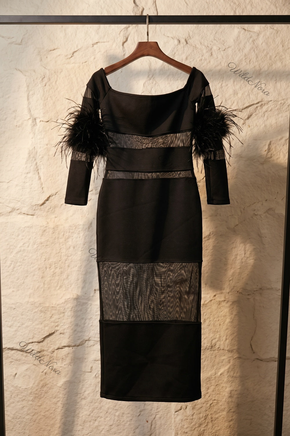 Black Structured Stretch Knit Sheath Dress with Feather Trim black heavy structured stretch knit dress - product view 2