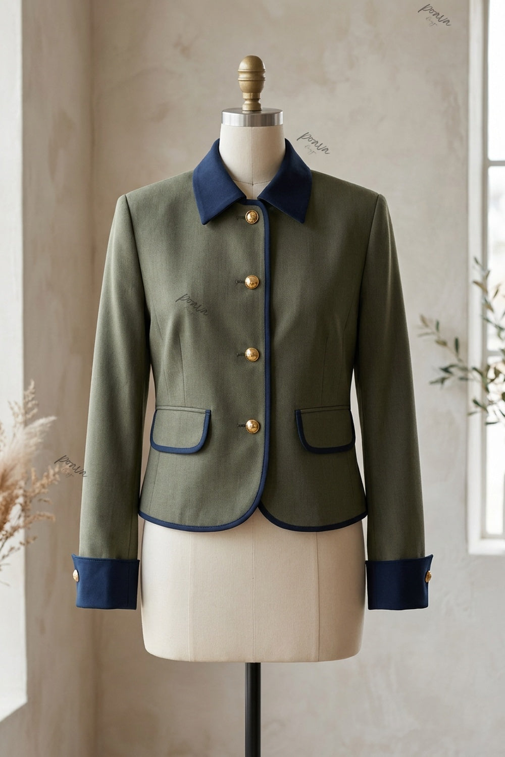 Olive Green Structured Boxy Cropped Jacket with Navy Contrast Trim olive green woven suiting fabric cropped jacket - product view 2