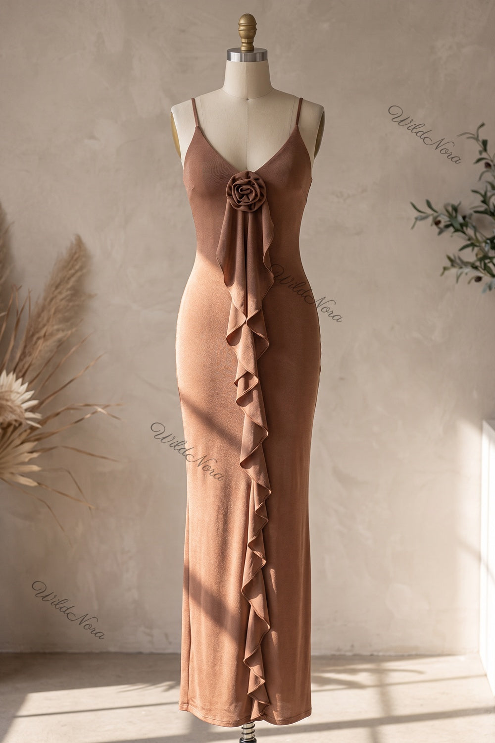 Bronze Brown Stretch Jersey Bodycon Maxi Dress with Front Rosette and Ruffle Detail bronze brown stretch jersey maxi dress - product view 2