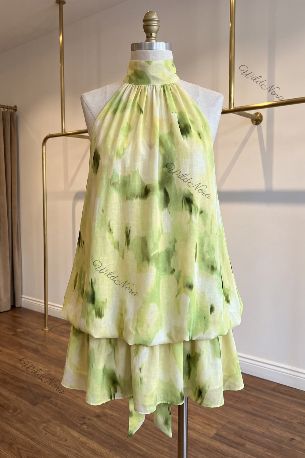 Pale Yellow Linen-Blend A-Line Tiered Blouson Mini Dress pale yellow, lime green linen-blend dress - product view 2