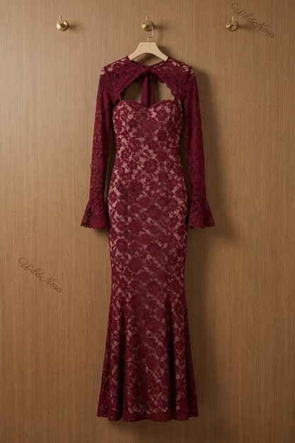 Burgundy Floral Lace Mermaid Gown burgundy floral lace gown - product view 2