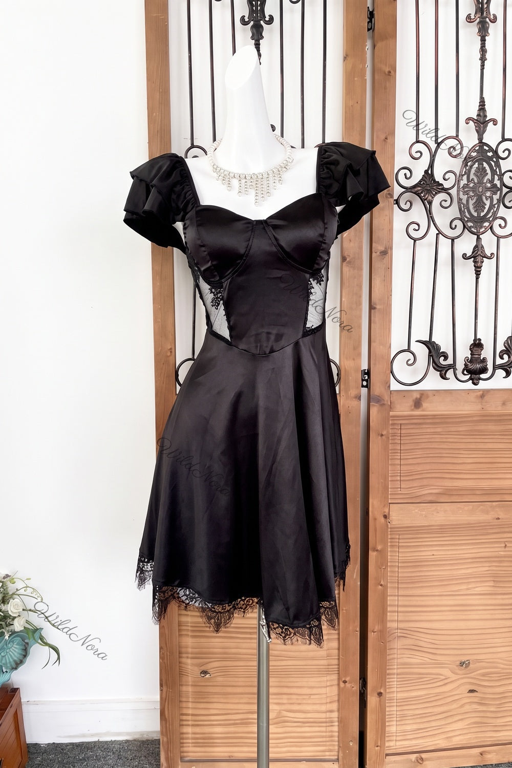 Black Satin Fit-and-Flare Mini Dress with Ruffled Cap Sleeves and Sheer Lace black satin dress - product view 2