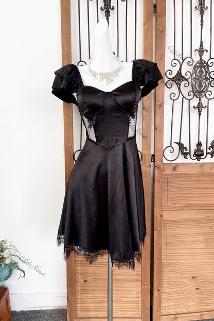Black Satin Fit-and-Flare Mini Dress with Ruffled Cap Sleeves and Sheer Lace black satin dress - product view 2