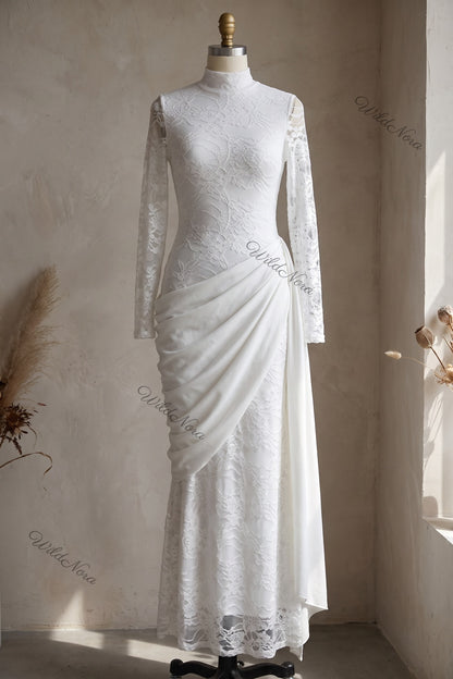White Floral Lace Column Dress with Asymmetrical Draped Overlay white floral lace dress - product view 2
