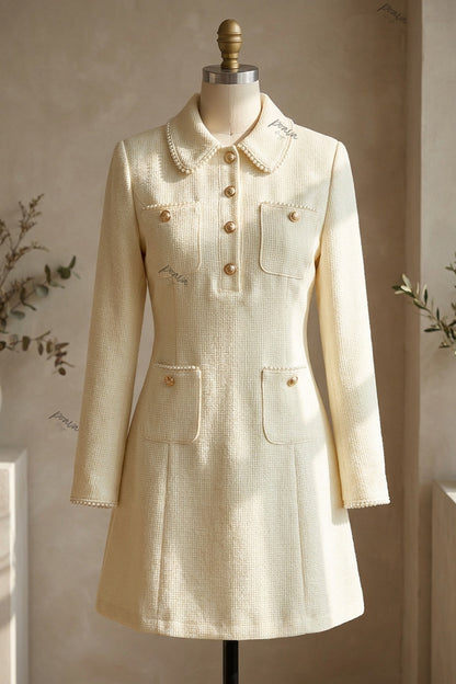 Cream Textured Woven Bouclé A-Line Mini Dress cream textured woven bouclé or heavy crepe dress - product view 2