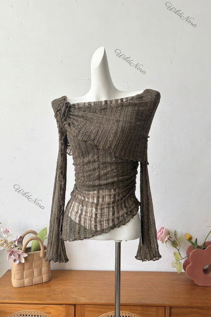 Olive Brown Sheer Knit Off-Shoulder Top with Flared Bell Sleeves olive brown sheer textured knit top - product view 2