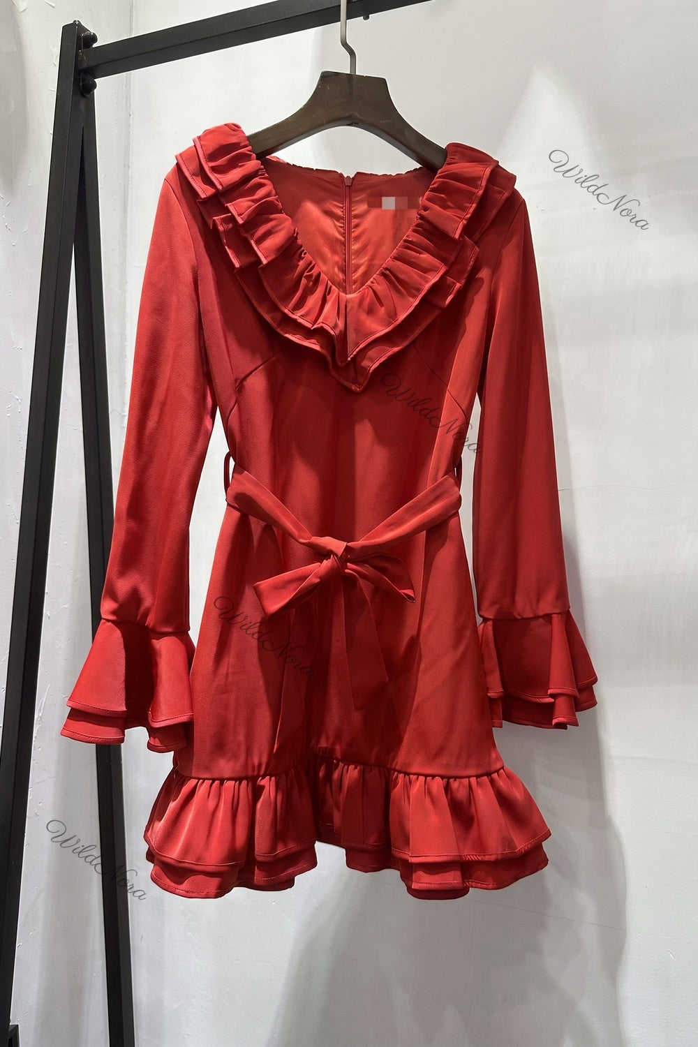 Red Double-Ruffle Fit-and-Flare Mini Dress red smooth woven polyester blend dress - product view 2