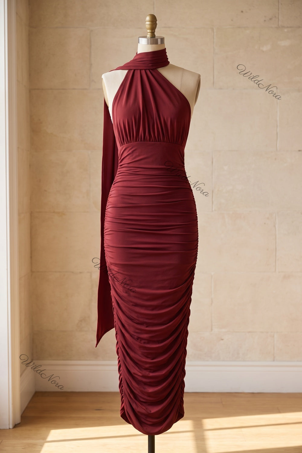 Burgundy Ruched Halter Bodycon Midi Dress burgundy stretch jersey dress - product view 2