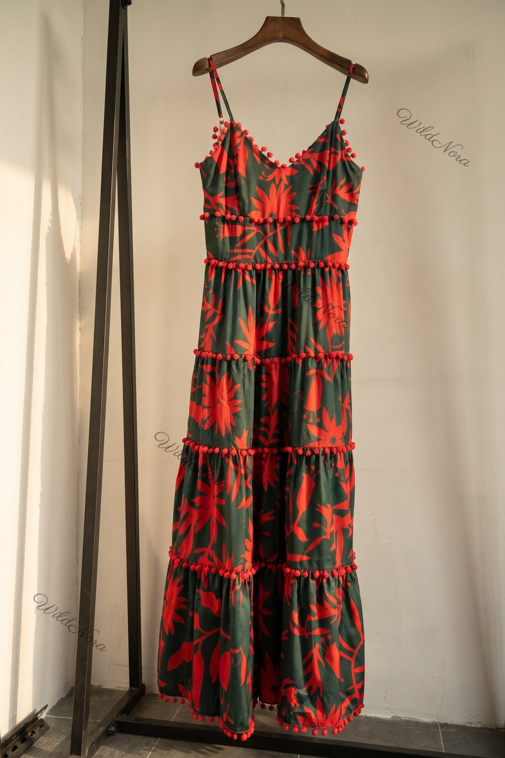 Dark Forest Green Tiered Maxi Dress with Red Botanical Print and Pom-Pom Trim dark forest green lightweight woven synthetic tiered maxi dress - product view 2