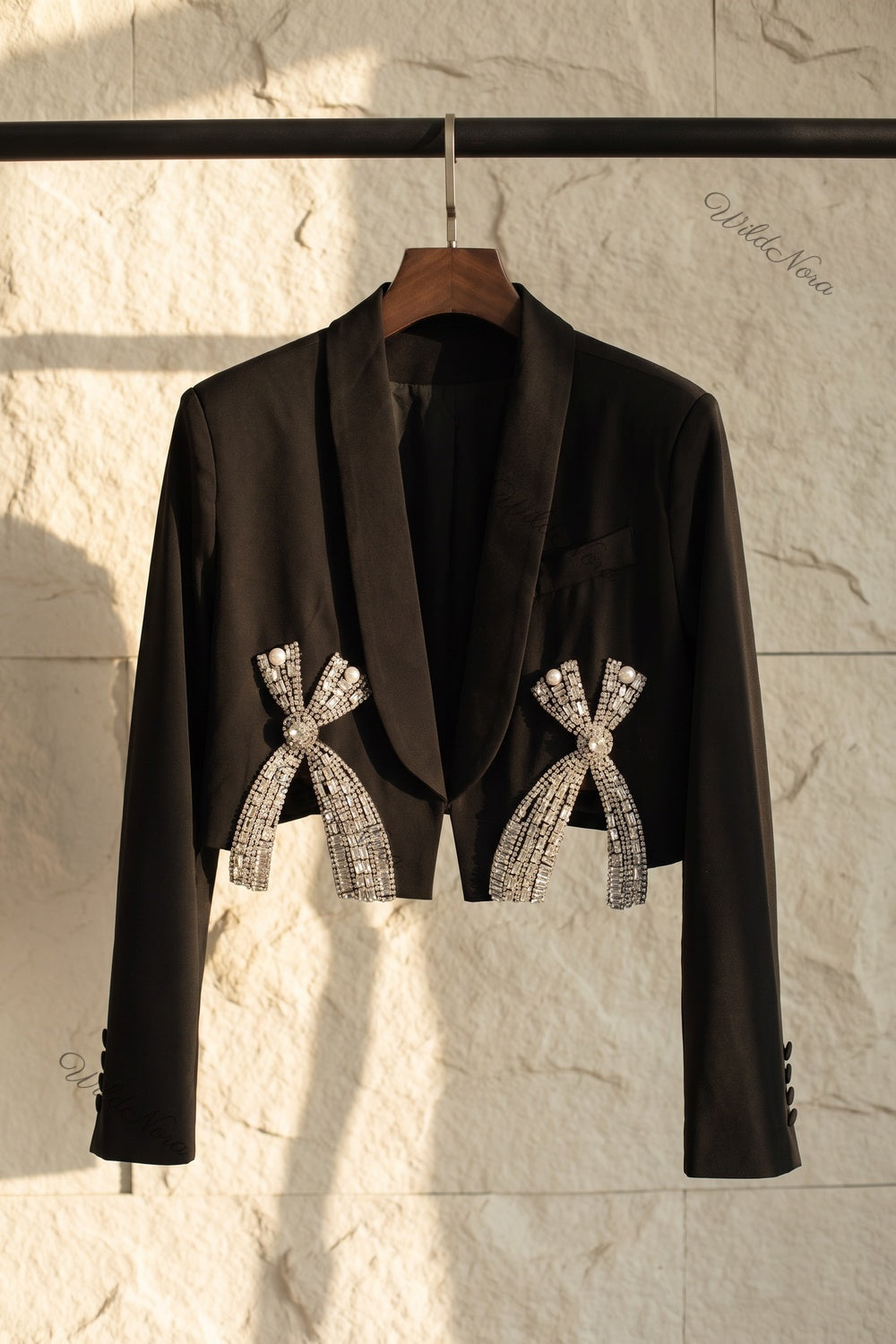 Black Woven Structured Cropped Blazer with Rhinestone Bow Embellishments black woven suiting fabric cropped blazer - product view 2