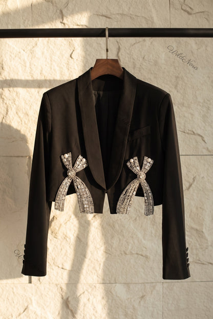 Black Woven Structured Cropped Blazer with Rhinestone Bow Embellishments black woven suiting fabric cropped blazer - product view 2