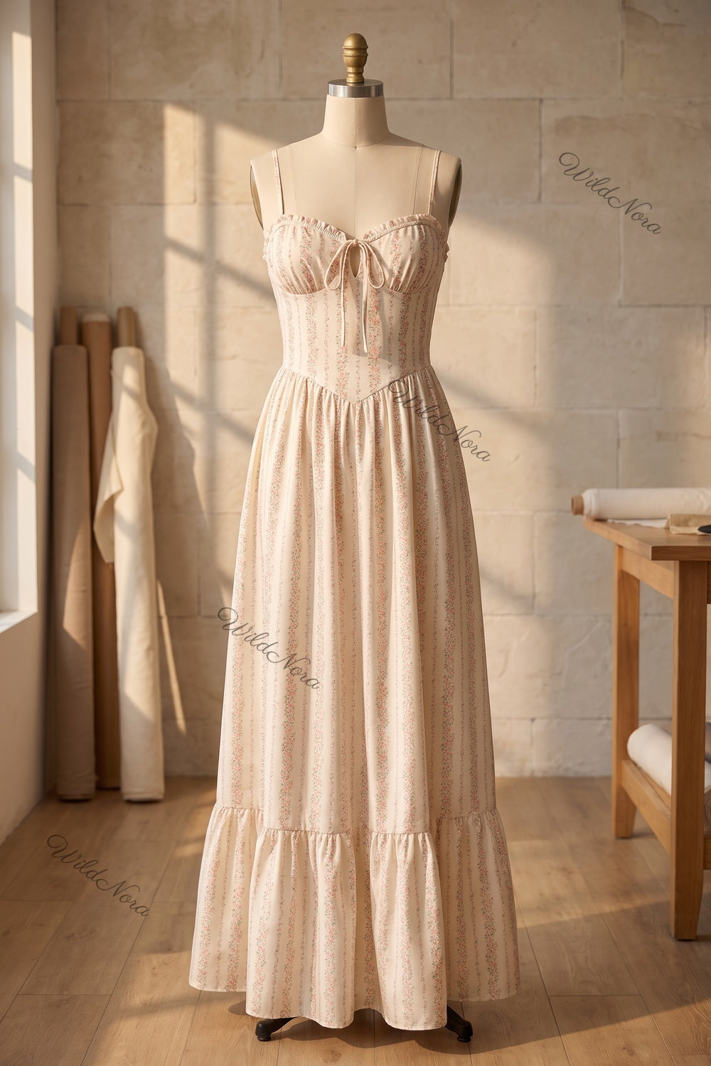 Cream Ditsy Floral Maxi Dress with Smocked Bodice cream, off-white lightweight woven cotton-blend maxi dress - product view 2