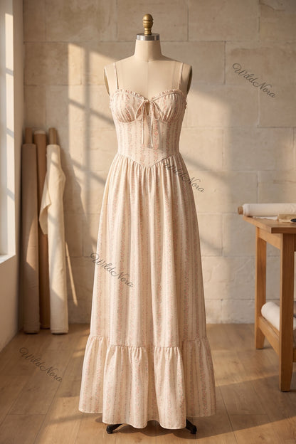 Cream Ditsy Floral Maxi Dress with Smocked Bodice cream, off-white lightweight woven cotton-blend maxi dress - product view 2