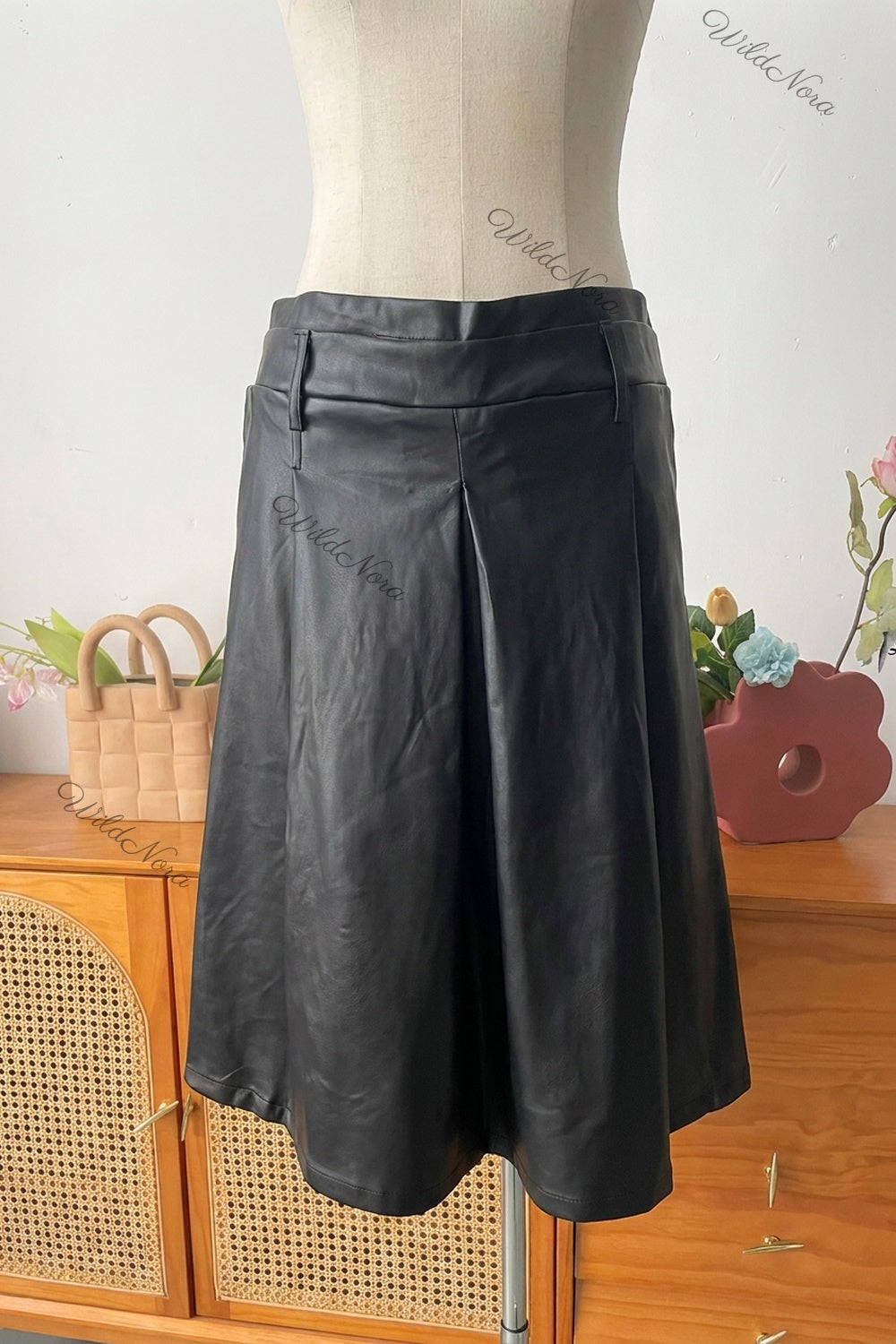 Black Faux Leather A-Line Pleated Midi Skirt black faux leather skirt - product view 2