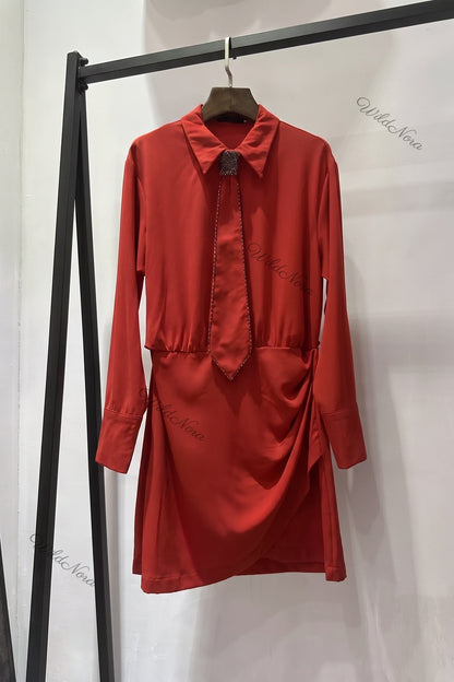 Red Polyester Crepe Draped A-Line Mini Dress with Beaded Tie red polyester crepe dress - product view 2