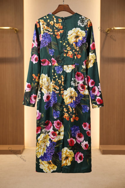 Dark Forest Green Satin Floral A-Line Midi Dress dark forest green satin dress - product view 2