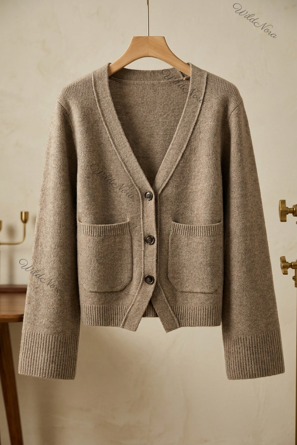 Taupe Fine-Knit Wool or Cashmere Blend Cardigan with Bell Sleeves taupe, melange beige fine knit wool or cashmere blend cardigan - product view 2