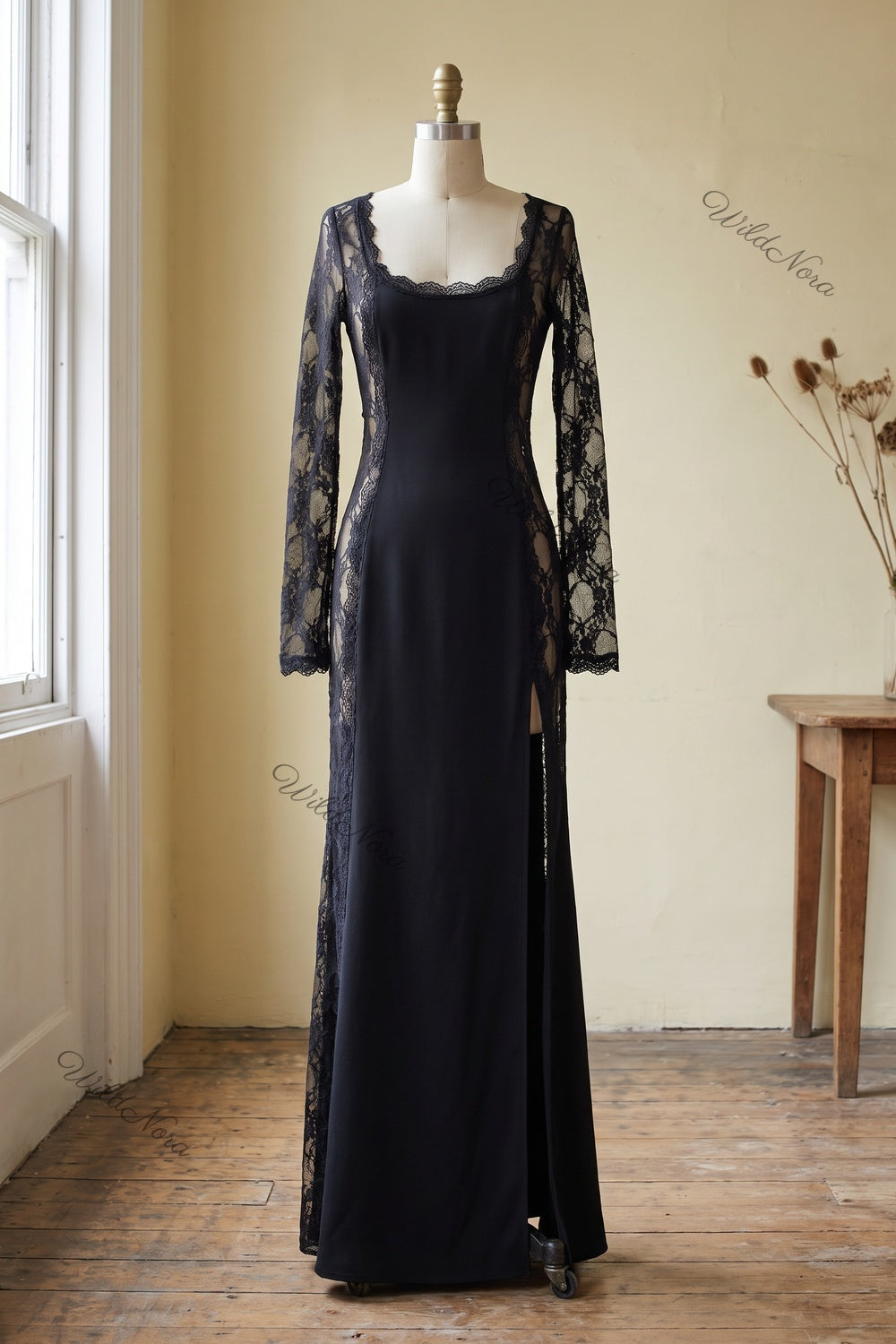 Black Matte Crepe Column Evening Gown with Sheer Floral Lace black matte crepe evening gown - product view 2