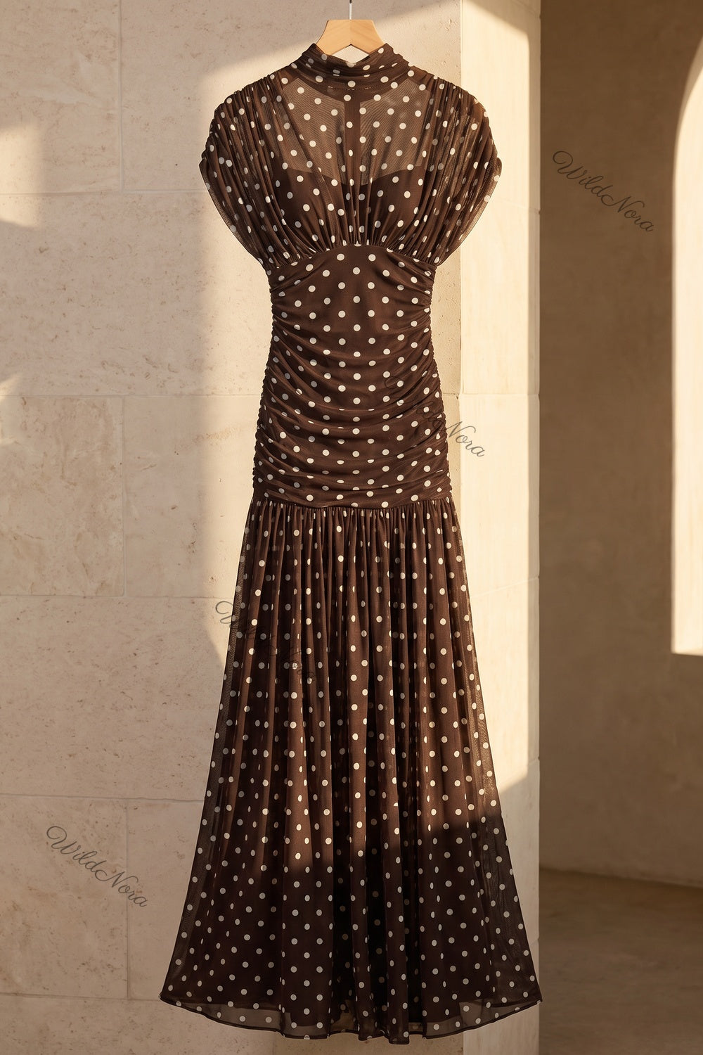 Dark Brown Polka Dot Sheer Mesh Mermaid Dress with Dropped Waist dark brown sheer mesh dress - product view 2