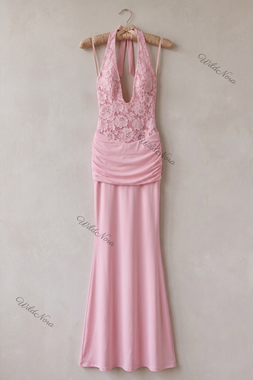 Light Pink Stretch Jersey Mermaid Gown with Floral Lace Bodice light pink stretch jersey gown - product view 2