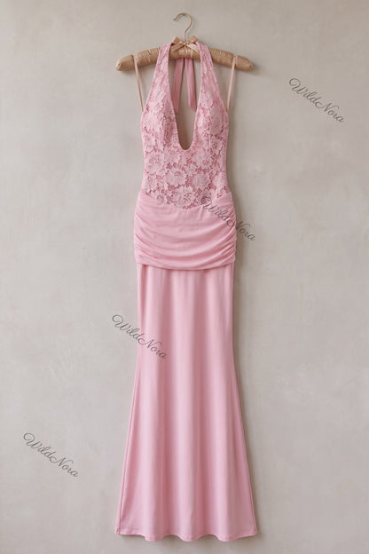 Light Pink Stretch Jersey Mermaid Gown with Floral Lace Bodice light pink stretch jersey gown - product view 2