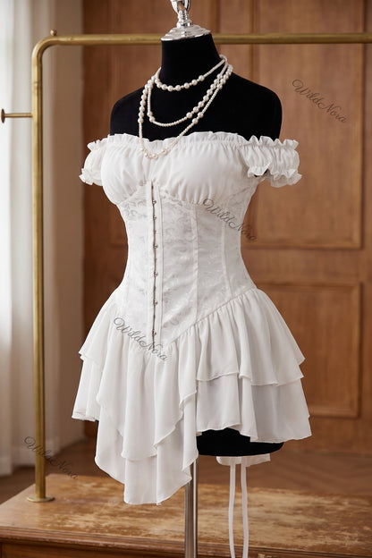 White Tonal Floral Jacquard Fit-and-Flare Corset Mini Dress white tonal floral jacquard corset mini dress - product view 2