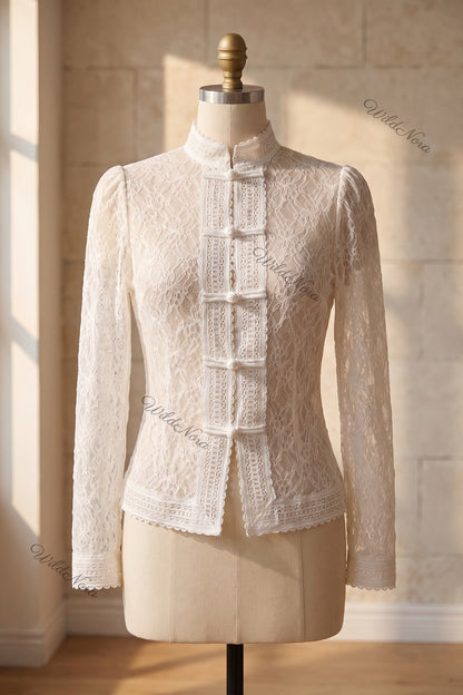 White Sheer Floral Lace Fitted Blouse white sheer floral lace blouse - product view 2