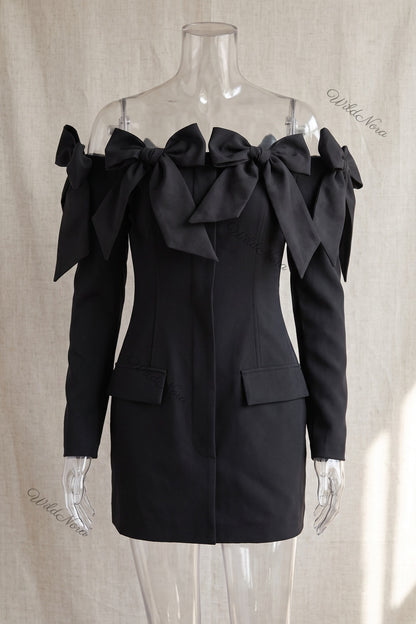 Black Structured Blazer Mini Dress with Off-Shoulder Bows black structured woven suiting blazer mini dress - product view 2