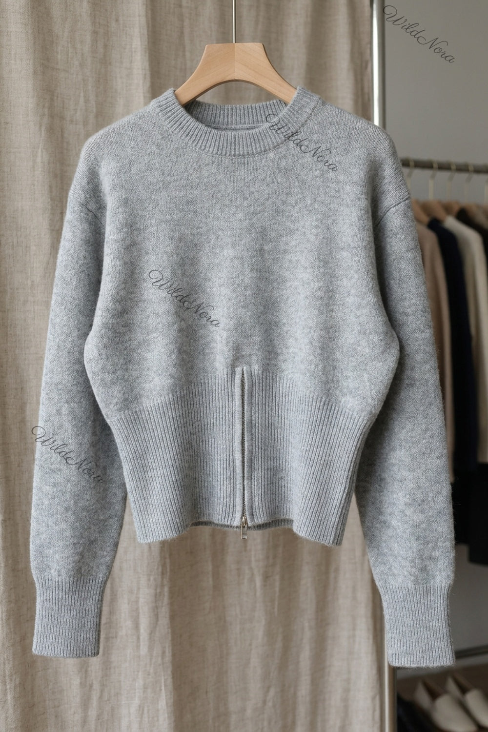 Heather Grey Knit Wool Blend Relaxed Sweater with Fitted Waist heather grey knit wool blend sweater - product view 2