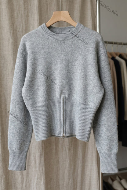 Heather Grey Knit Wool Blend Relaxed Sweater with Fitted Waist heather grey knit wool blend sweater - product view 2