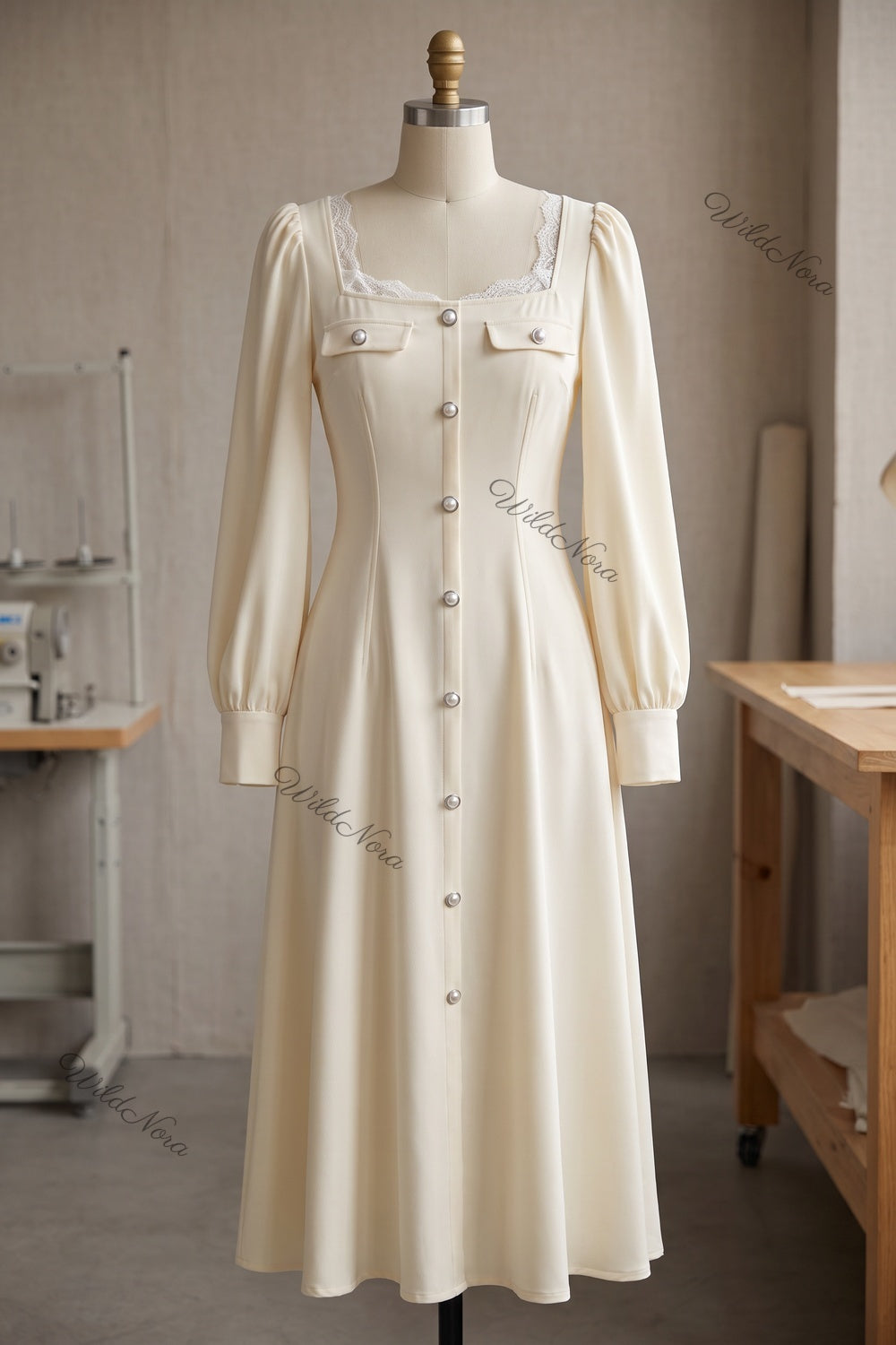 Cream A-Line Midi Dress with Lace Insert and Bishop Sleeves cream mid-weight woven crepe midi dress - product view 2