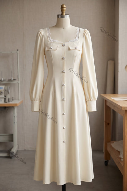 Cream A-Line Midi Dress with Lace Insert and Bishop Sleeves cream mid-weight woven crepe midi dress - product view 2