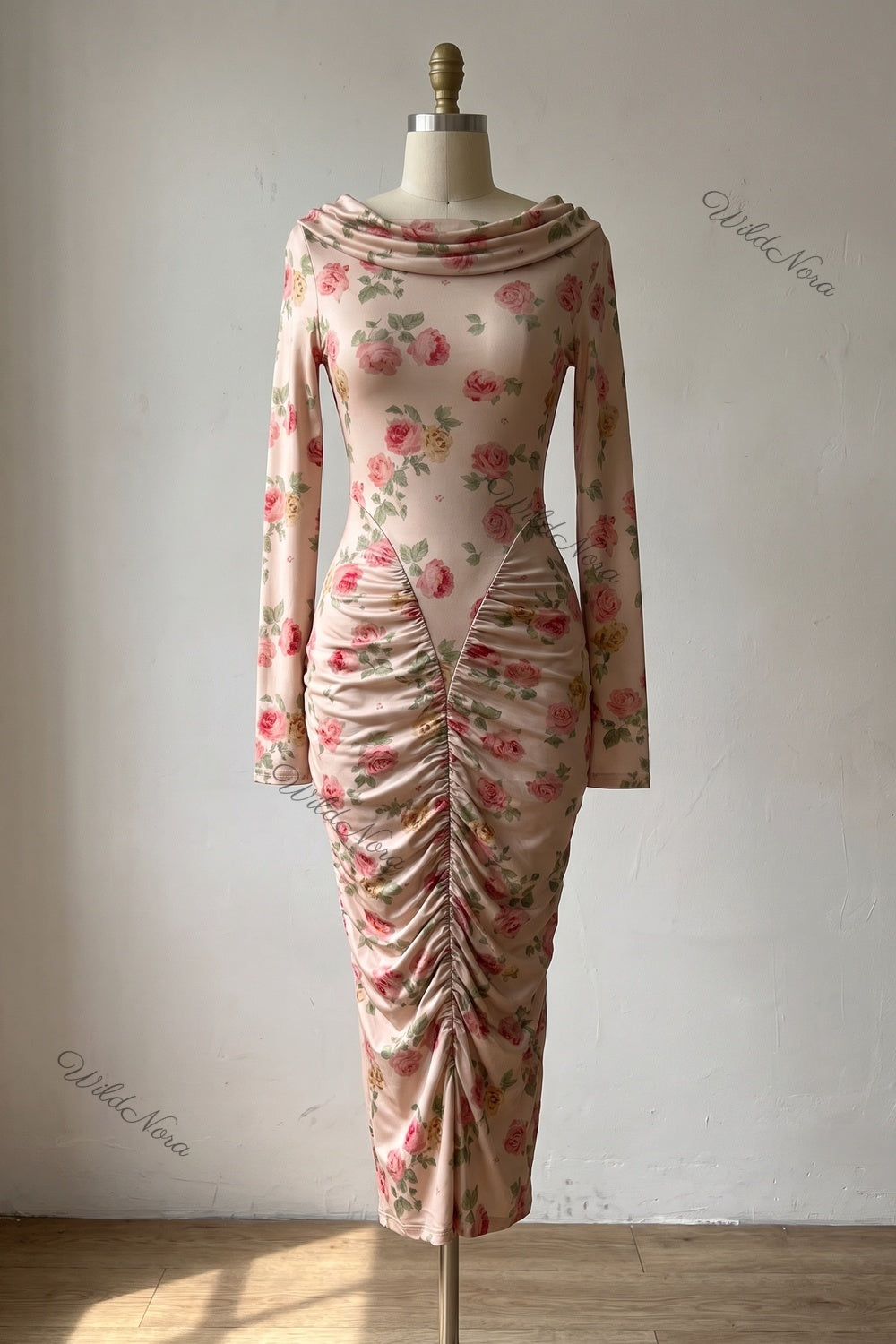 Pale Pink Floral Bodycon Sheath Dress pale pink, beige stretch jersey knit dress - product view 2
