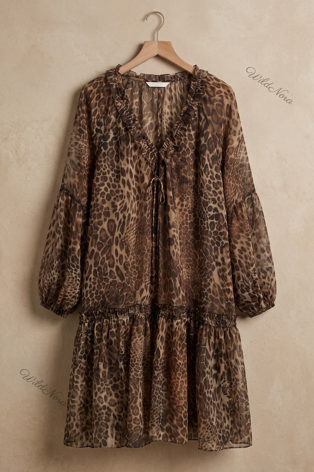 Brown Leopard Print Chiffon A-Line Tiered Dress brown, tan, black chiffon dress - product view 2