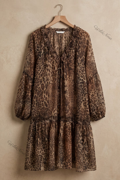 Brown Leopard Print Chiffon A-Line Tiered Dress brown, tan, black chiffon dress - product view 2