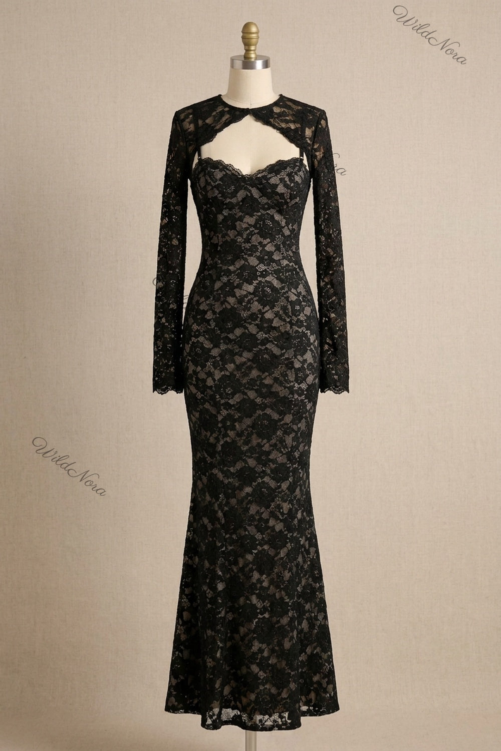 Black Floral Lace Mermaid Two-Piece Dress Set black floral lace two-piece dress set - product view 2