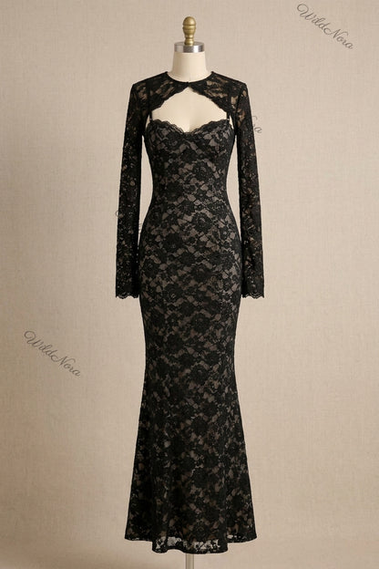 Black Floral Lace Mermaid Two-Piece Dress Set black floral lace two-piece dress set - product view 2