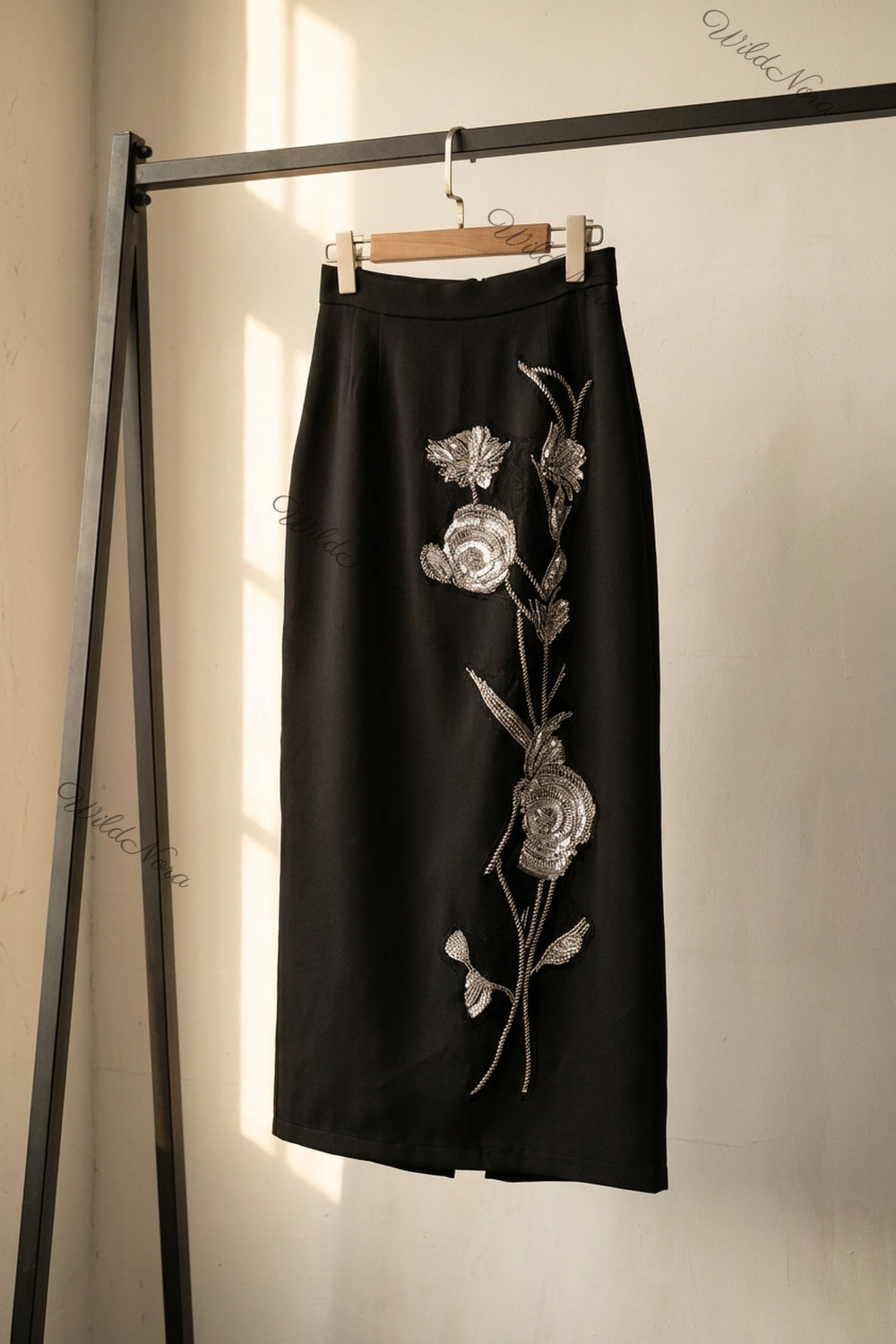 Black Structured Crepe Straight Midi Skirt with Silver Floral Beadwork black structured woven crepe skirt - product view 2